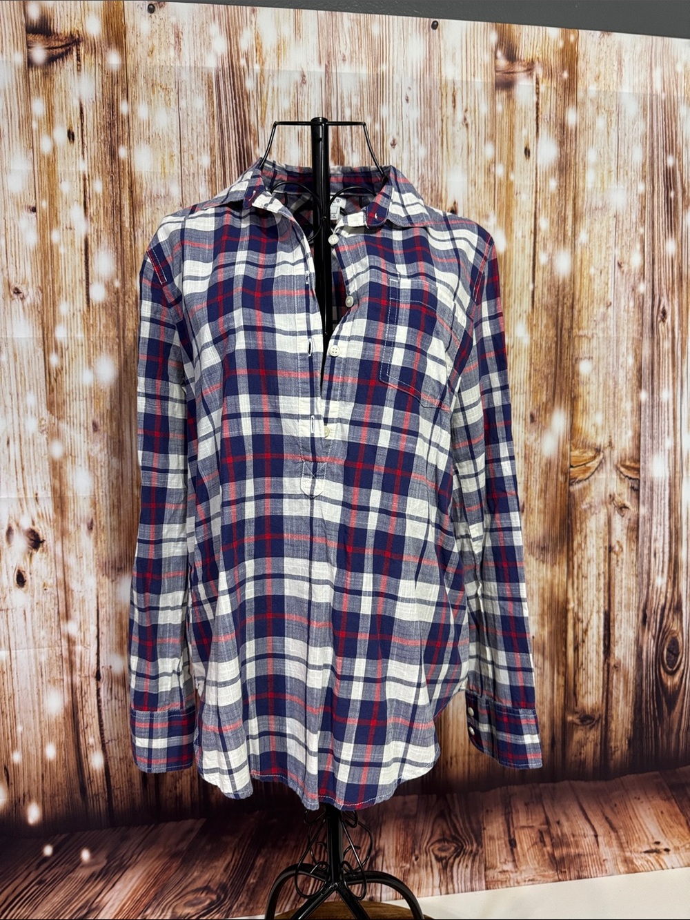 J. Crew Navy, White & Red Plaid Hooded Button-Down Shirt